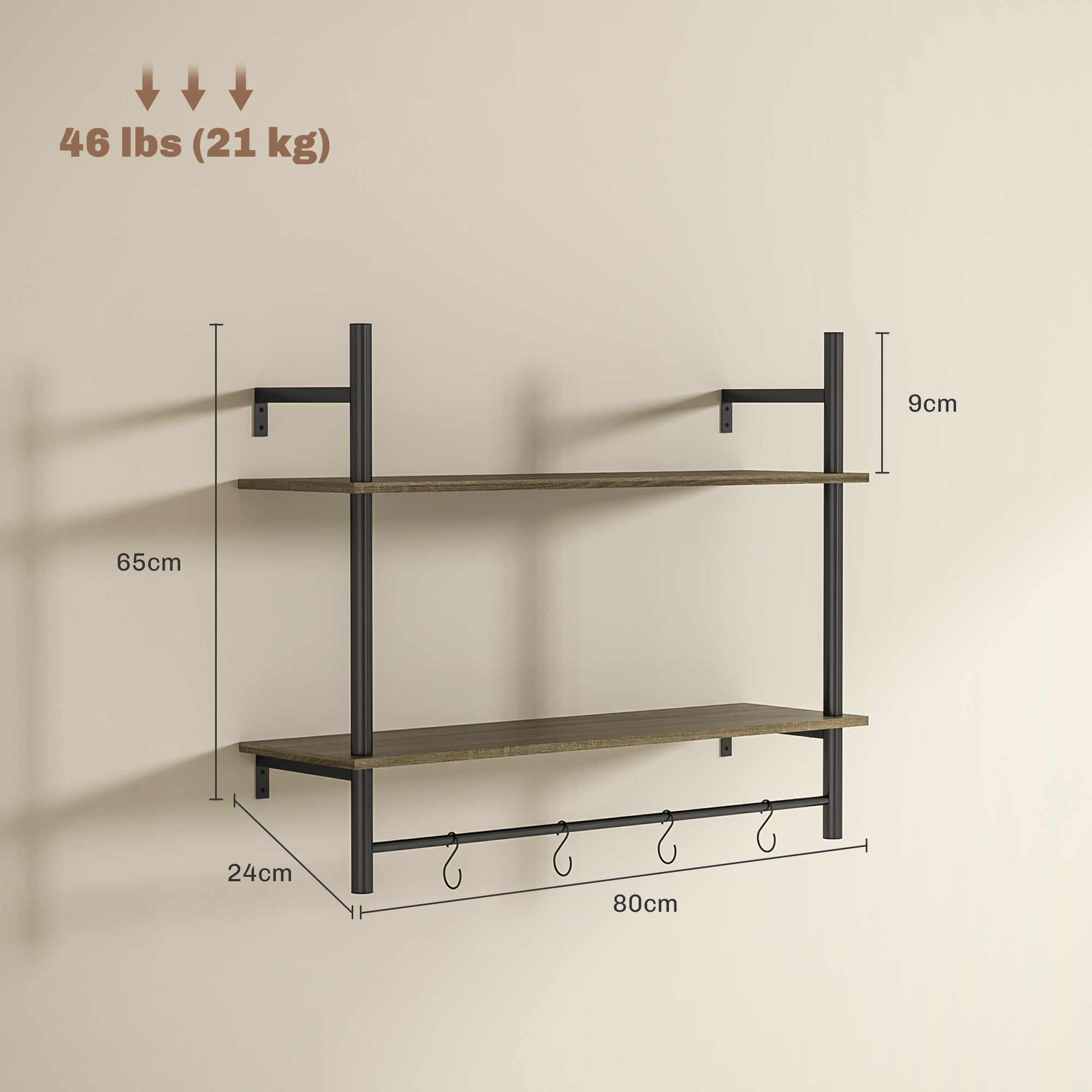 HOMCOM Wall Mounted Floating Shelves with 4 Hooks, Rustic Wall Shelf Unit for Living Room, Entryway, Grey