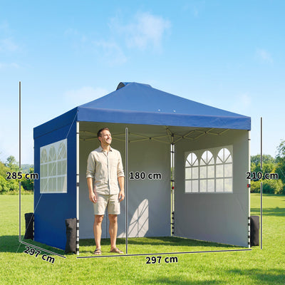 Outsunny Pop Up Gazebo Waterproof Height Adjustable Canopy with 3 Sidewalls Wheeled Bag for Parties 3 x 3 m Dark Blue 