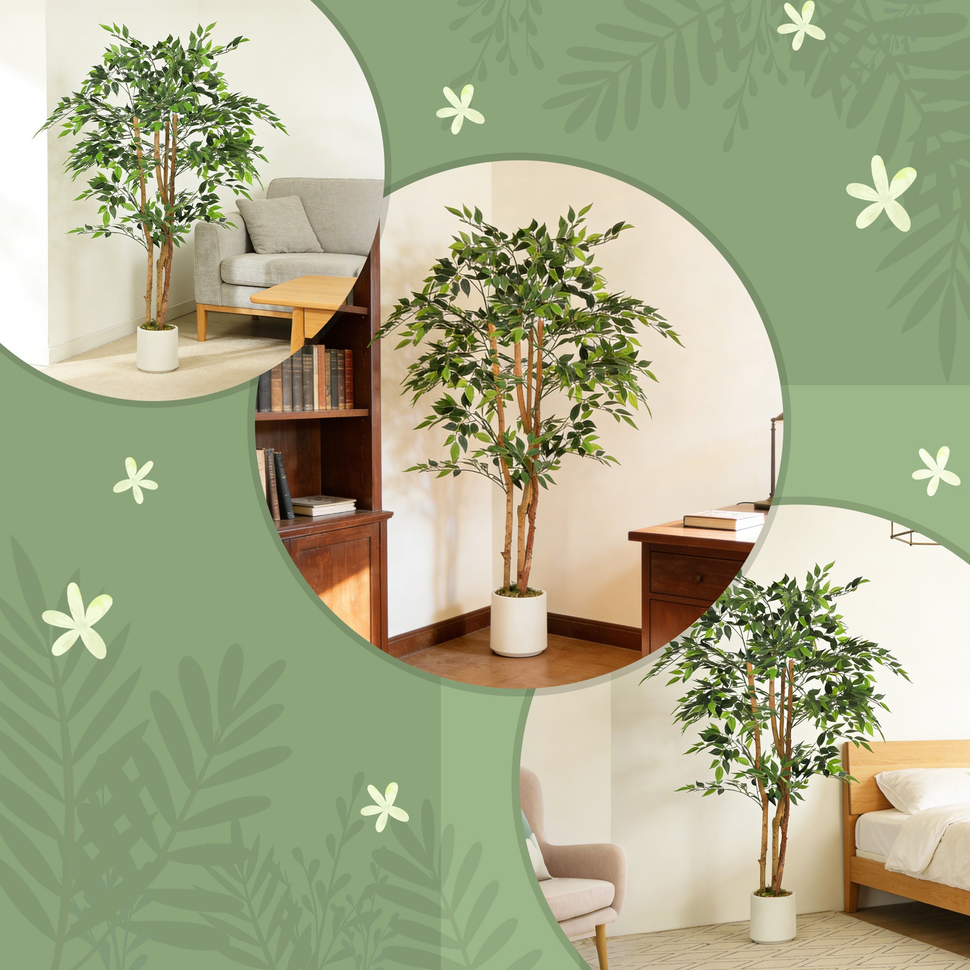 HOMCOM 150cm Artificial Ficus Tree, Fake Potted Tree with Solid Wood Trunk and Pot for Indoor, Green 