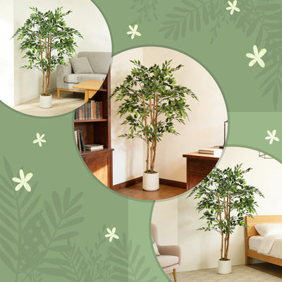 HOMCOM 150cm Artificial Ficus Tree, Fake Potted Tree with Solid Wood Trunk and Pot for Indoor, Green 