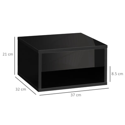 HOMCOM 2 Pieces Bedside Table Wall Mounted Nightstand with Drawer and Shelf for Bedroom, 37 x 32 x 21cm, High Gloss Black 