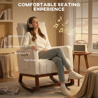 HOMCOM Rocking Chair for Adults, Lounge Rocker Chair with Lumbar Pillow, High Back, Wood Base, Side Pockets, Cream White 