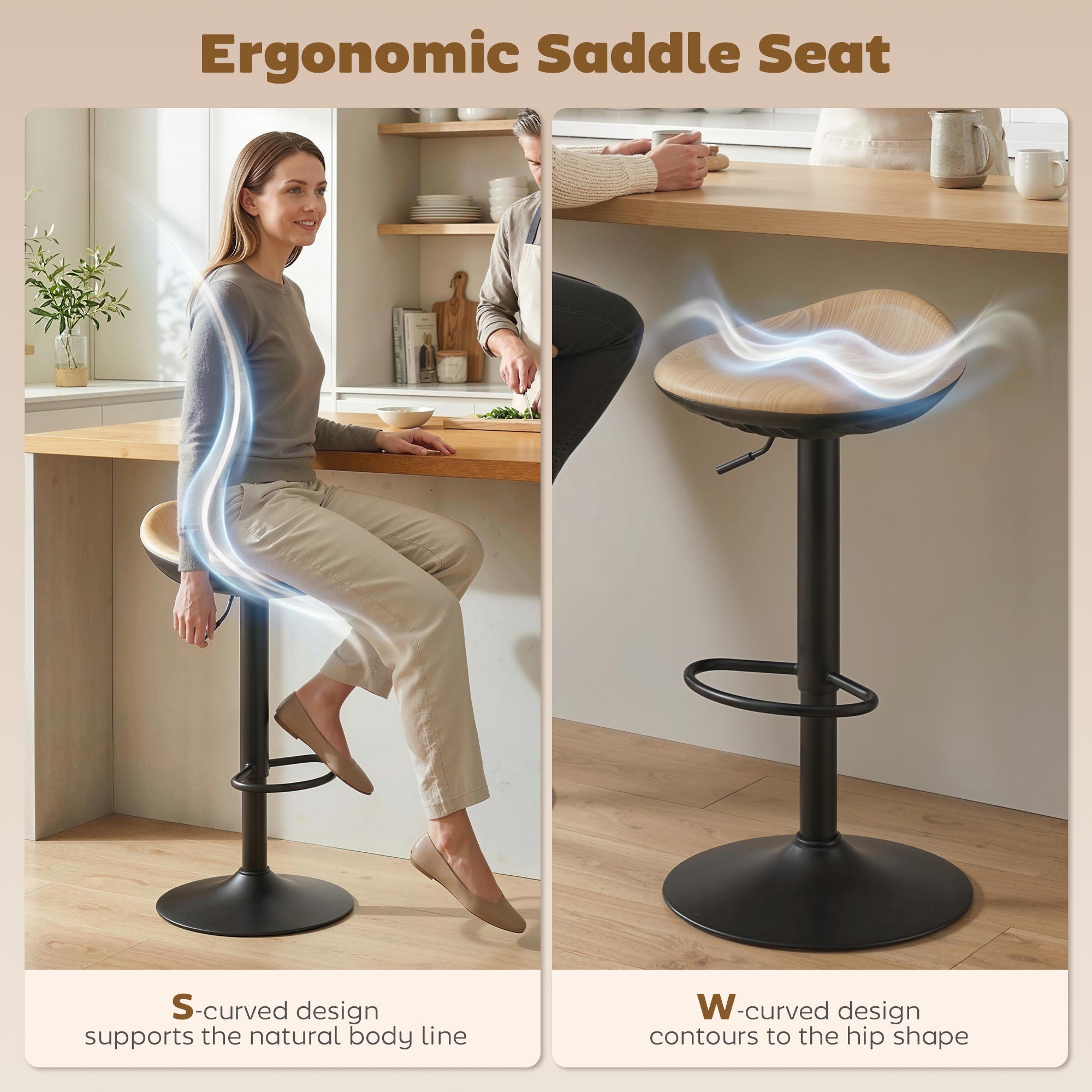 HOMCOM Set of 2 Barstools PU Leather Kitchen Stools with Saddle Seat Height Adjustable Swivel Kitchen Chairs with Footrest Oak 