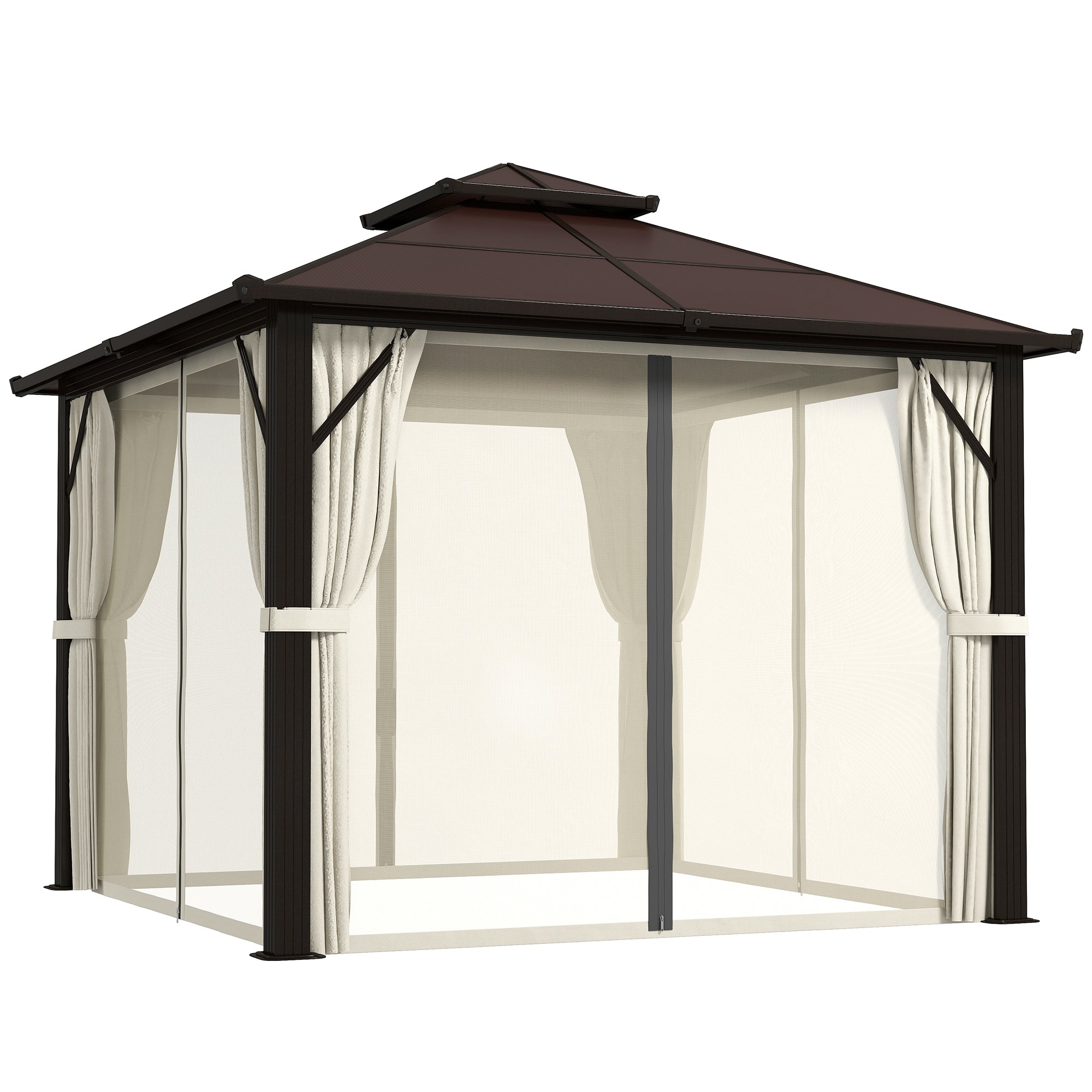 Outsunny 3 x 3(m) Hardtop Gazebo Canopy with UPF30+ Double Polycarbonate Roof, Aluminium Frame Garden Gazebo Permanent Pavilion with Mosquito Netting and Curtains for Patio, Deck, Beige 
