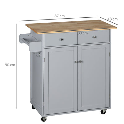 HOMCOM Rolling Kitchen Island on Wheels, Utility Serving Cart with Rubber Wood Top, Towel Rack, Hooks and Storage Drawers, Grey 