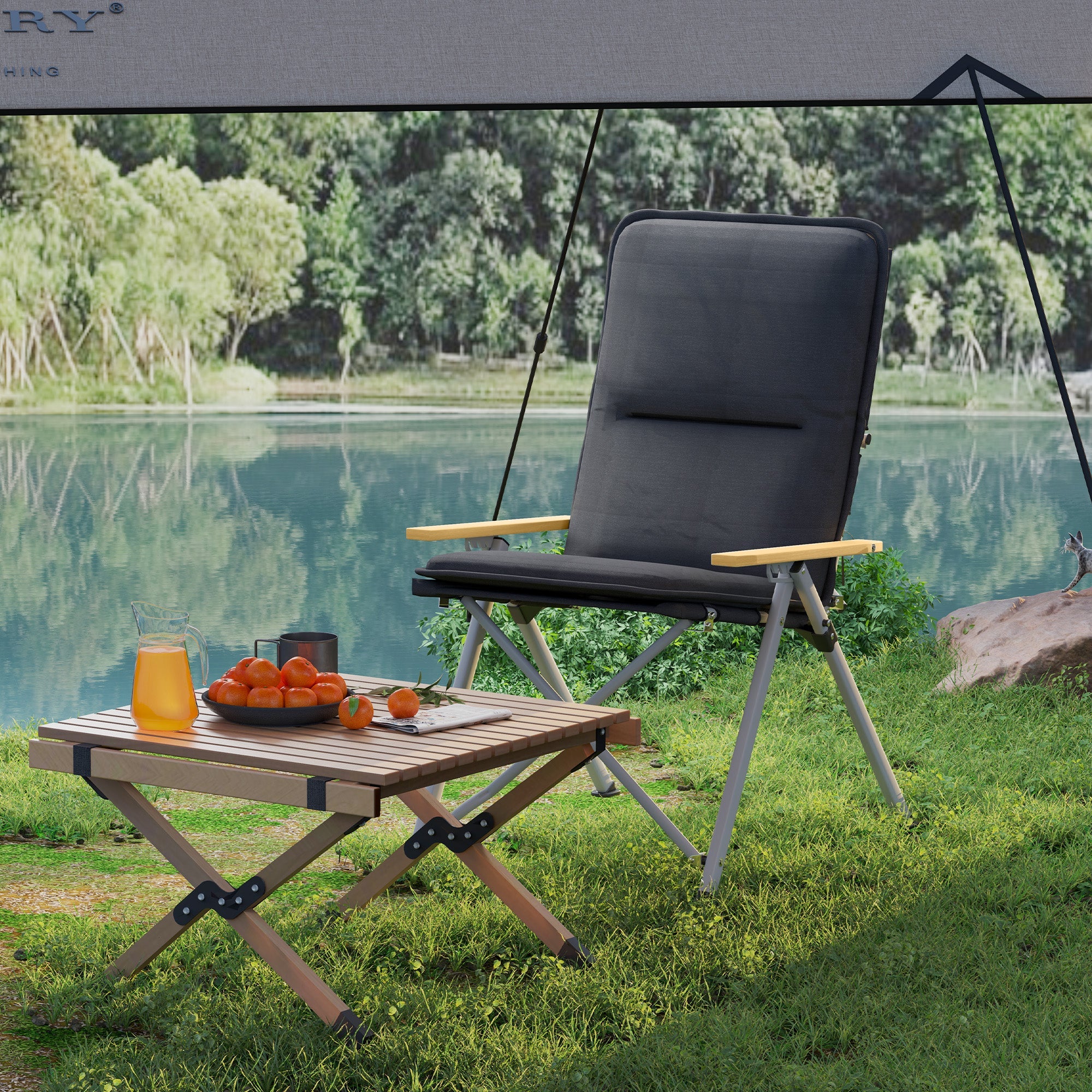 Outsunny Portable Camping Chair for Adults, High Back Folding Chair with Padded Seat and Carry Bag, Outdoor Recliner for Hiking, Fishing, Beach and Picnic, Black 