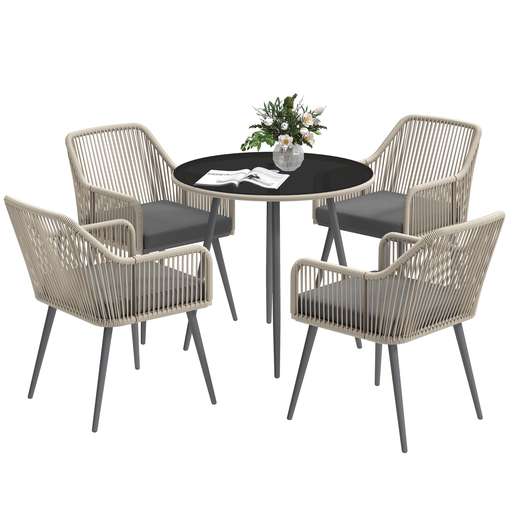 Outsunny 4 Seater Rattan Dining Set, Rattan Garden Furniture Set with Parasol Hole, Outdoor Dining Table and Chairs Set with Cushions, Round Glass Top Table for Patio, Balcony, Light Brown