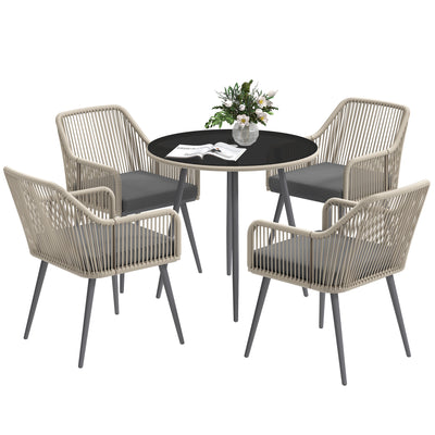 Outsunny 4 Seater Rattan Dining Set, Rattan Garden Furniture Set with Parasol Hole, Outdoor Dining Table and Chairs Set with Cushions, Round Glass Top Table for Patio, Balcony, Light Brown 