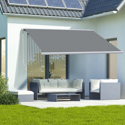 Outsunny 4x3m Full Cassette Electric/Manual Retractable Awning with LED Light and Remote Controller, Sun Canopies for Patio Door Window, Grey 
