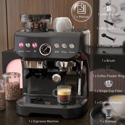 HOMCOM 15 Bar Coffee Machine, with Adjustable Grind, Steamer and Accessories 