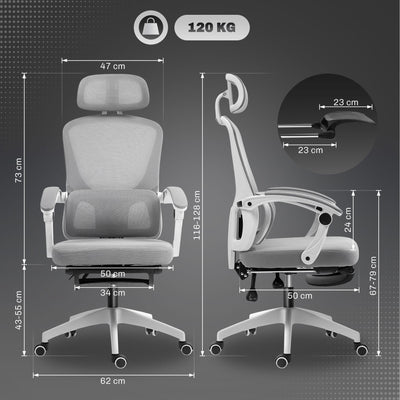 HOMCOM Ergonomic Office Chair, Mesh High Back Desk Chair with Adjustable Lumbar Support and Headrest, Footrest, Reclining Executive Swivel Computer Chair for Home Study, Grey 