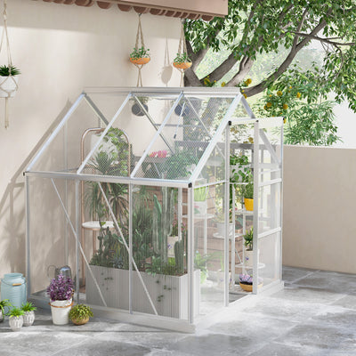 Outsunny 6 x 6ft Walk-In Greenhouse, Polycarbonate Greenhouse with Sliding Door, Window, Aluminium Frame, Foundation, Silver 