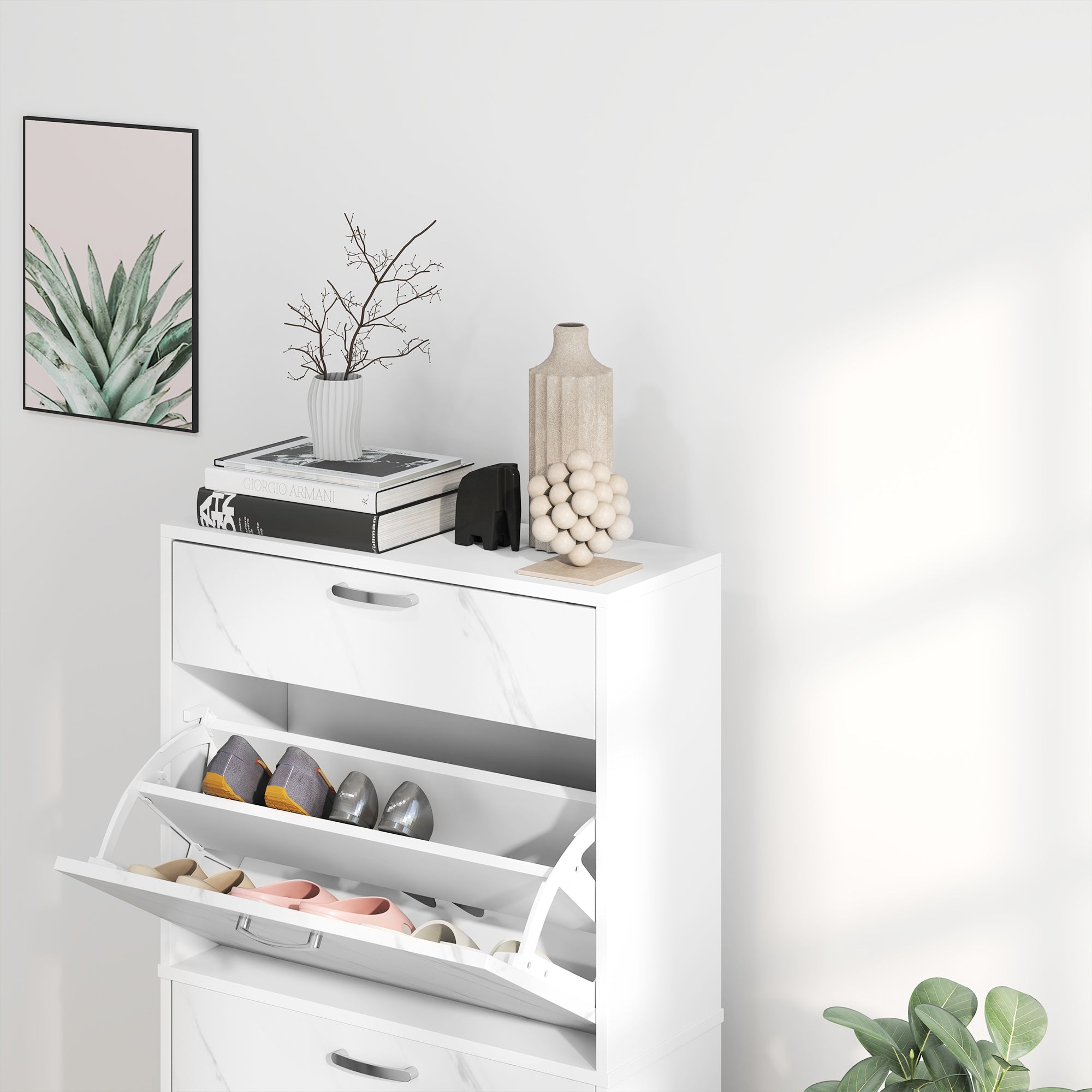HOMCOM Marble Shoe Storage Cabinet with 3 Flip Drawers, Hallway Cabinet with Top Drawer and Adjustable Shelves, Shoe Cupboard for 18 Pairs, White 