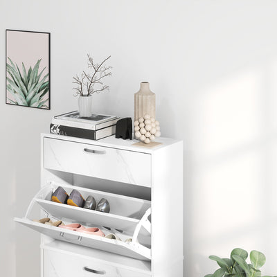HOMCOM Marble Shoe Storage Cabinet with 3 Flip Drawers, Hallway Cabinet with Top Drawer and Adjustable Shelves, Shoe Cupboard for 18 Pairs, White 