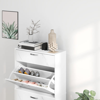 HOMCOM Marble Shoe Storage Cabinet with 3 Flip Drawers, Hallway Cabinet with Top Drawer and Adjustable Shelves, Shoe Cupboard for 18 Pairs, White 