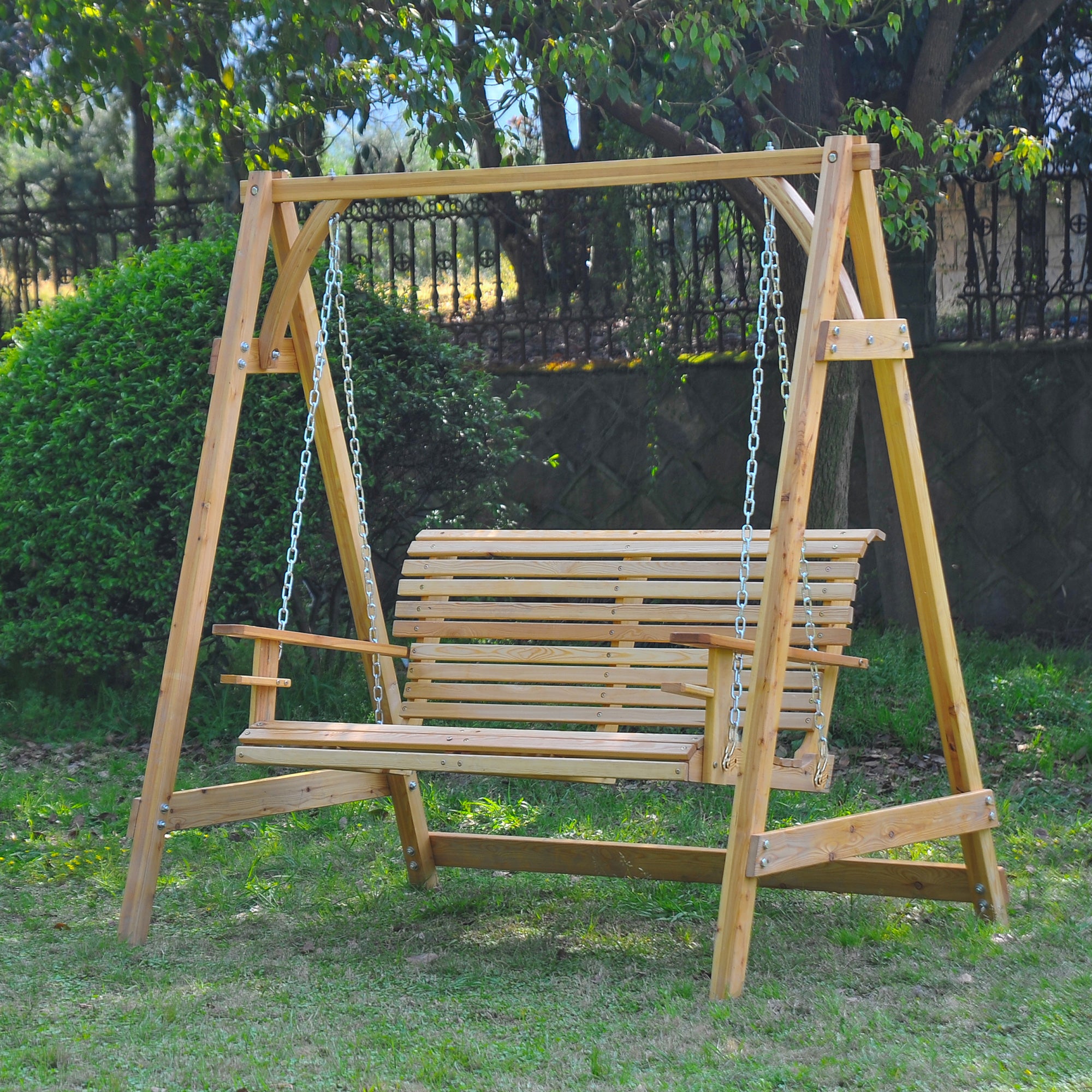 Outsunny 2 Seater Garden Swing Seat Larch Wood Swing Chair Hammock Bench Lounger - Natural 