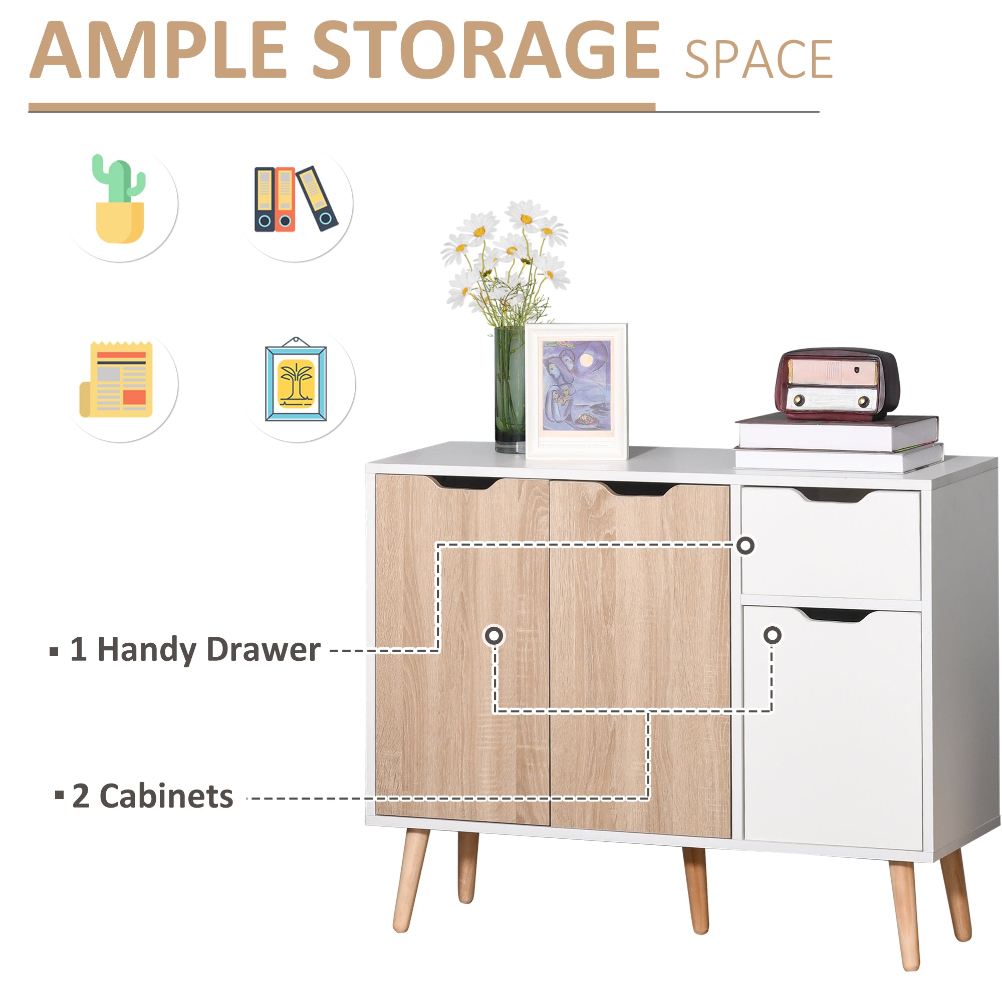 HOMCOM Sideboard Floor Standing Storage Cabinet with Drawer for Bedroom, Living Room, Home Office, Natural 