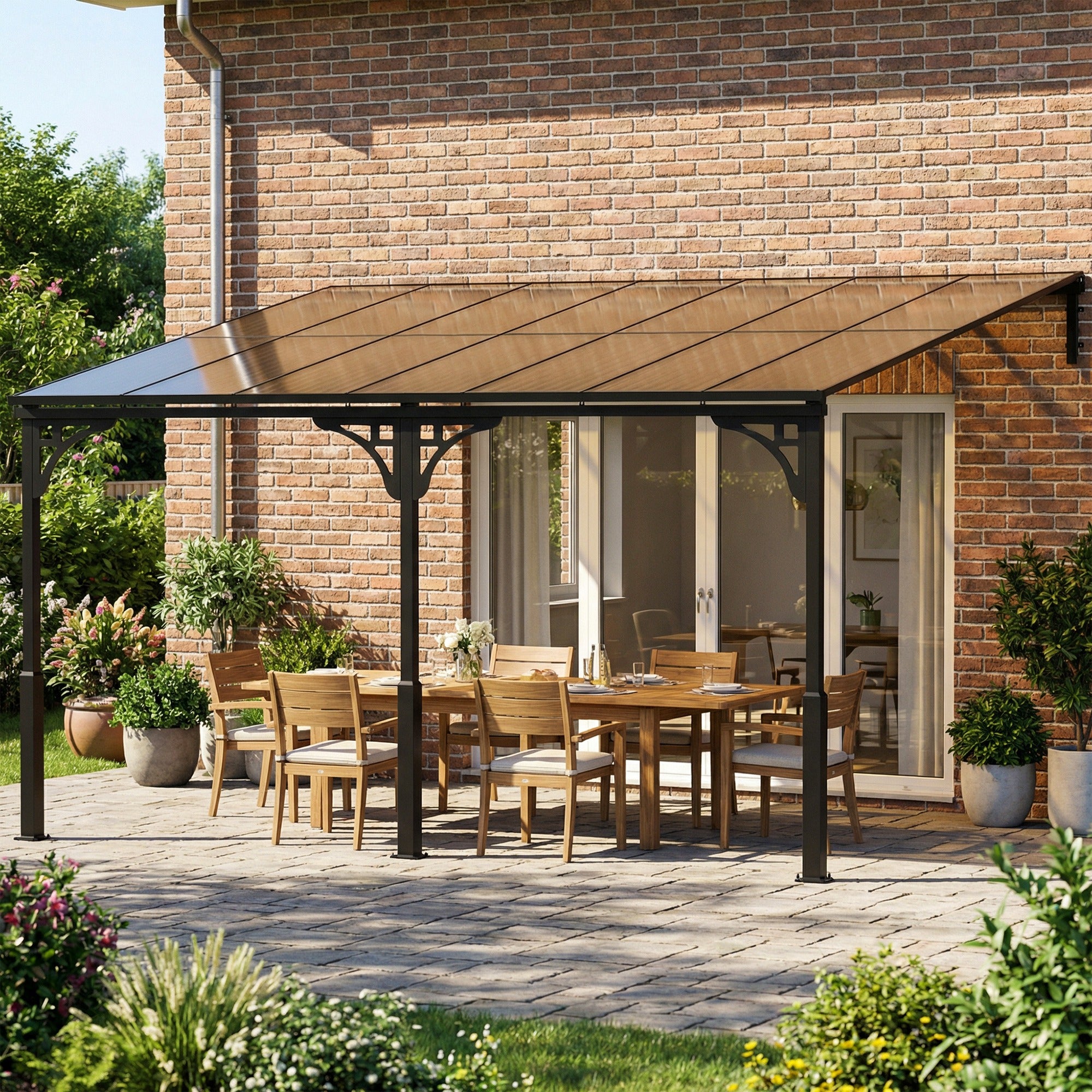Outsunny 4 x 3 m Metal Lean-to Pergola, Wall-Mounted Garden Pergola with Polycarbonate Roof and Metal-Aluminium Frame, Heavy Duty Hardtop Gazebo for Outdoor Patios, BBQ, Brown 