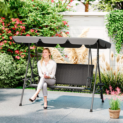 Outsunny 3 Seater Swing Chair, Garden Swing Seat Bench with Adjustable Canopy, Rattan Seat and Steel Frame for Patio, Yard, Grey 