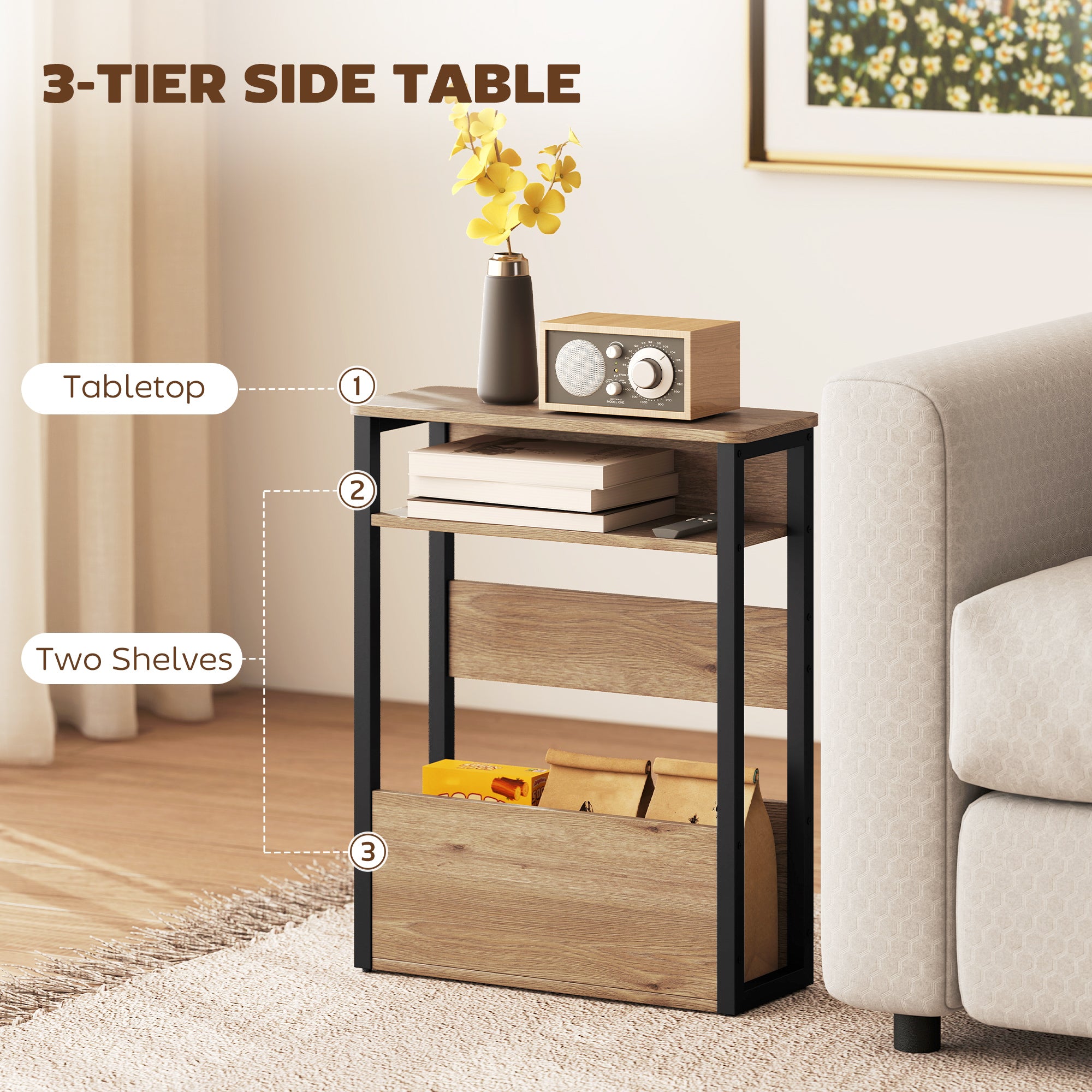 HOMCOM Industrial-Style Side Table - Black/Walnut Brown 
