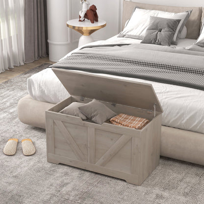 HOMCOM 100L Home Storage Box, with Safety Hinges - Grey Wood-Effect 