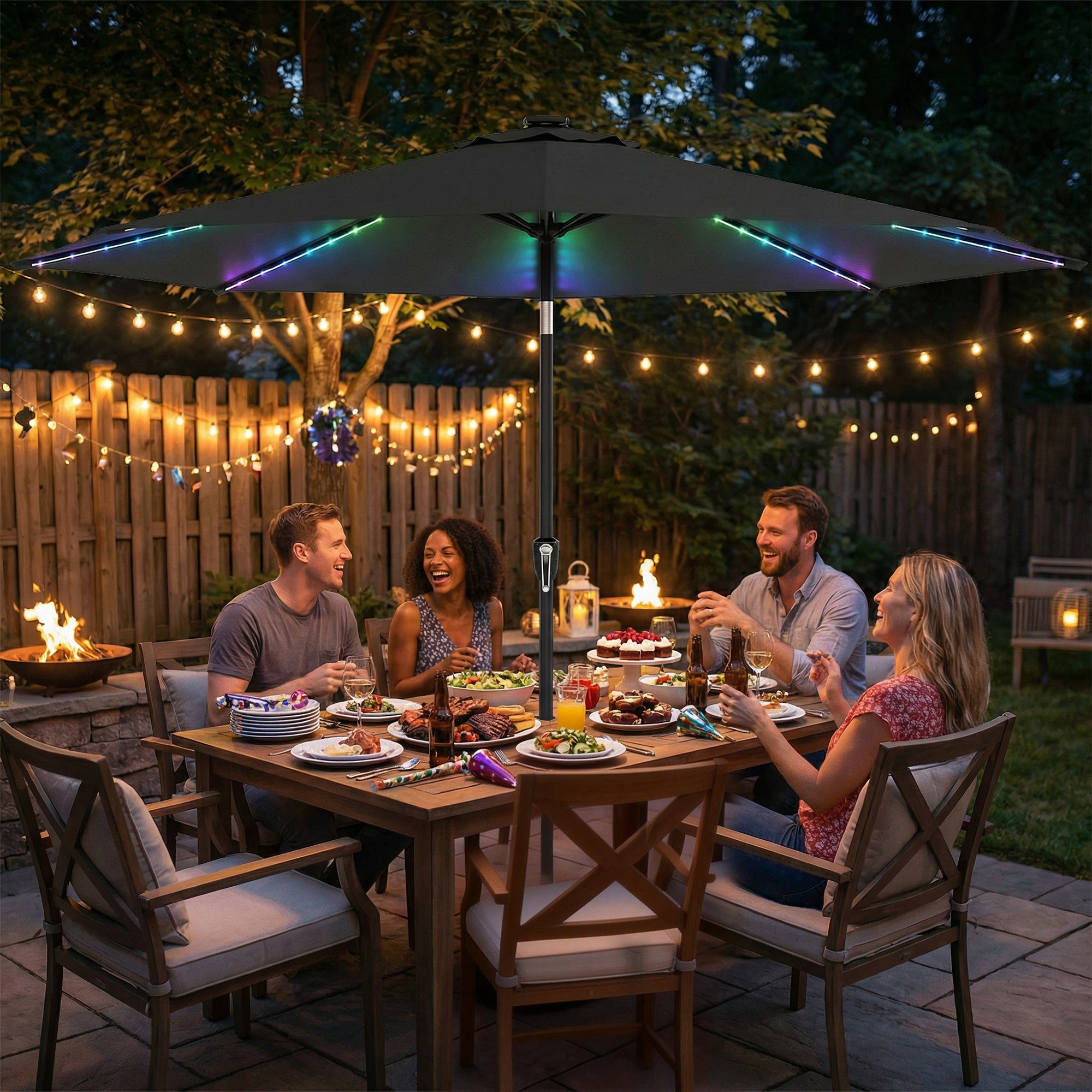 Outsunny 3 m Garden Parasol Umbrella with 112 Solar Powered LED Lights, Patio Umbrella with Crank Handle, Grey 