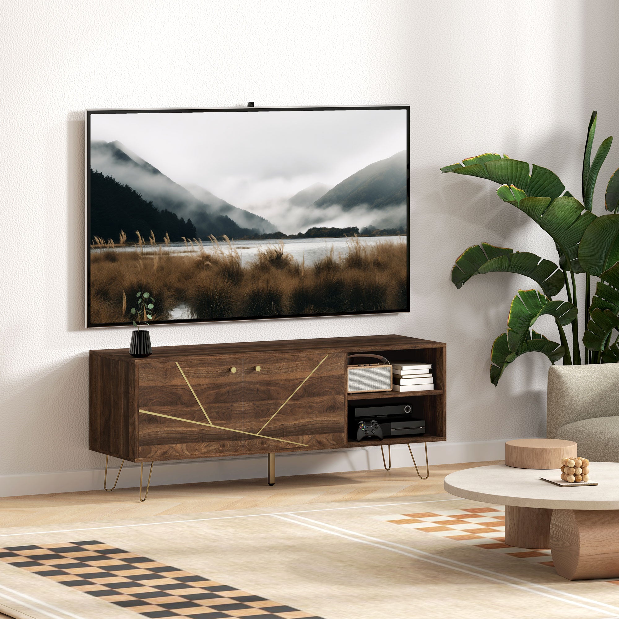 HOMCOM TV Stand Cabinet for up to 60 Inch TV, Modern 130cm TV Unit with Adjustable Shelves and Hairpin Legs, Double Door TV Cabinet for Living Room, Bedroom, Brown 