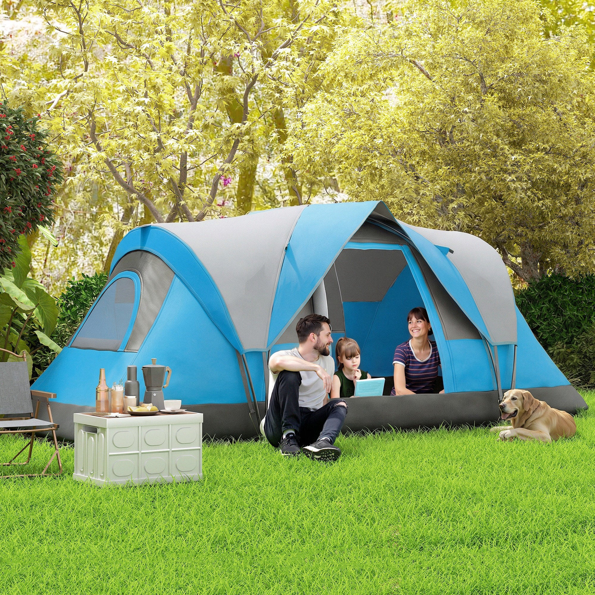 Outsunny 5-6 Man Camping Tent, Tunnel Tent, Water Resistant Hiking Shelter with Groundsheet and Carry Bag, Light Blue 