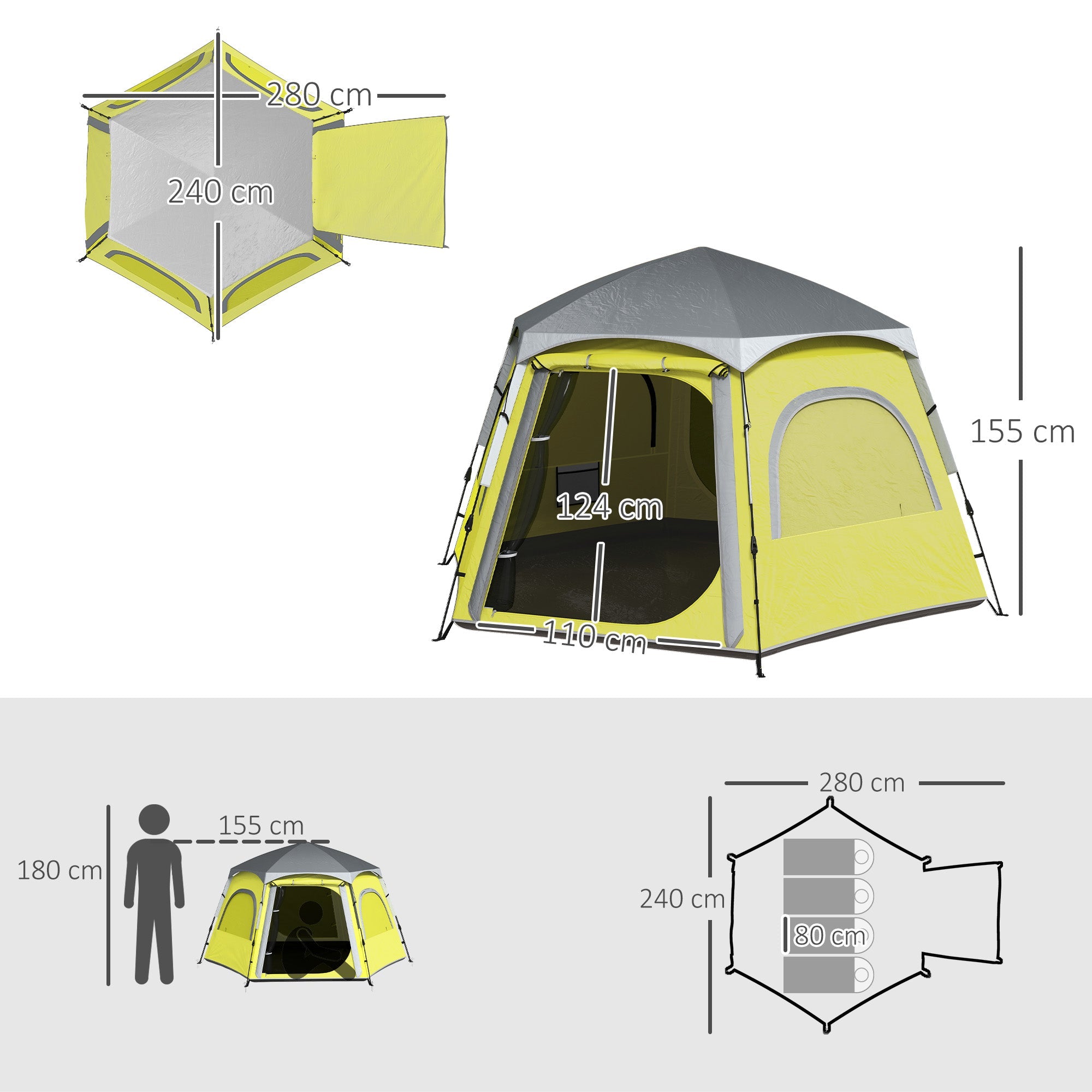 Outsunny Instant Camping Tent, 2/3/4 Person Easy Setup Family Tent with Vestibule, Rainfly, 4 Mesh Windows & 2 Doors, Hexagonal Design, Waterproof UV Protected Dome Tent, Yellow Green 