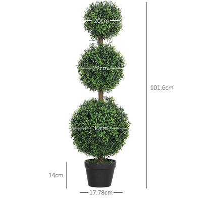 HOMCOM Set of 2 Decorative Artificial Plants, Topiary Ball-shaped Boxwood Trees in Pot, Fake Plants for Home Indoor outdoor Decor, 100cm, Green 