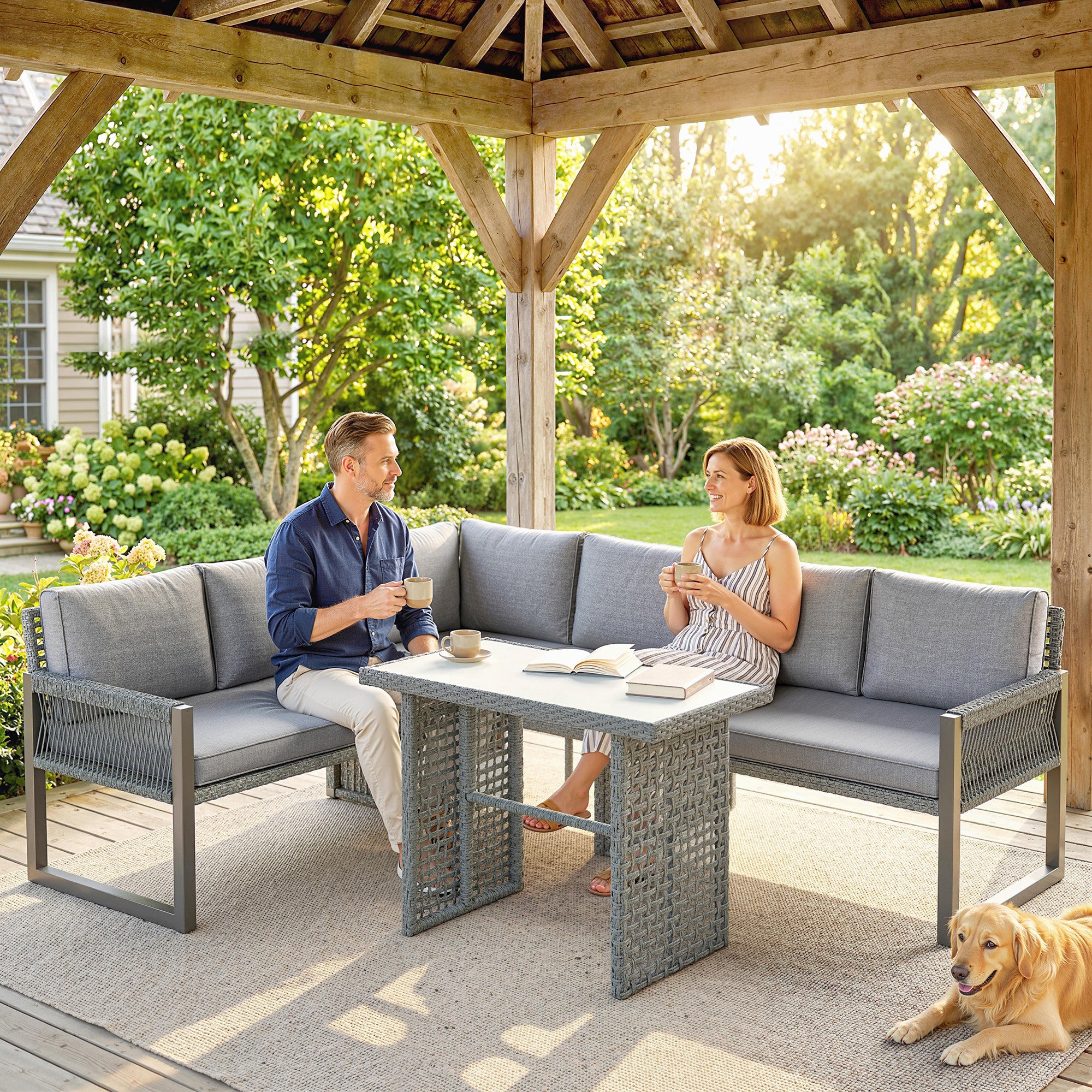 Outsunny 6 Seater Rattan Garden Furniture Set with 3 Loveseats, Table, Patio Rattan Furniture Corner Sofa Set, Grey 