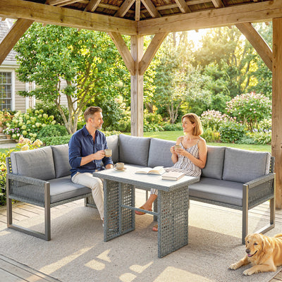 Outsunny 6 Seater Rattan Garden Furniture Set with 3 Loveseats, Table, Patio Rattan Furniture Corner Sofa Set, Grey 