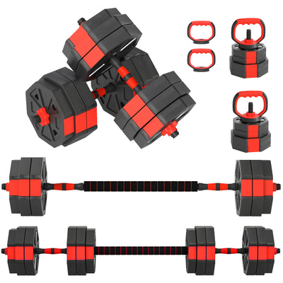 SPORTNOW 6-in-1 Adjustable Weight Dumbbells Set, Used as Kettlebell, Barbell, Dumbbell, Push-Up Stand, 30kg Free Weights Set for Men and Women Home Gym Training, Red 
