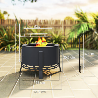 Outsunny Portable Fire Pit, 58 cm Round Firepit with Grill Grate, Fire Bowl with Ash Catcher and Poker, Fire Pit BBQ for Garden Camping Bonfire Picnic, Black 