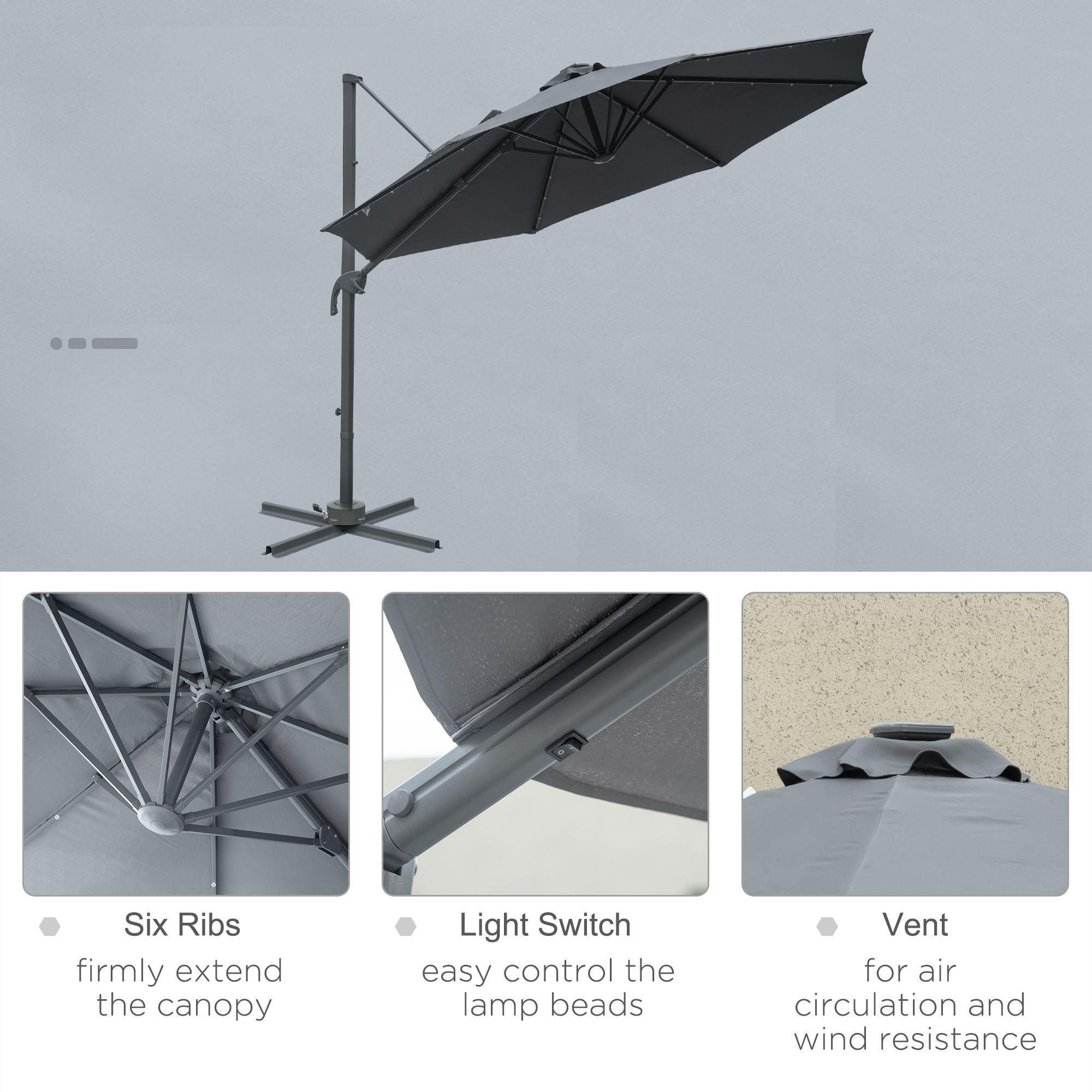 Outsunny 3(m) Cantilever Roma Parasol Patio Sun Umbrella with Crank & Tilt LED Solar Light Cross Base 360\'c2\'b0 Rotating Outdoor, Dark Grey