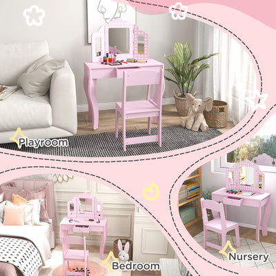 AIYAPLAY Kids Dressing Table Sets with Stool and Tri-Fold Mirror, Drawer for Playroom, Bedroom - Pink 