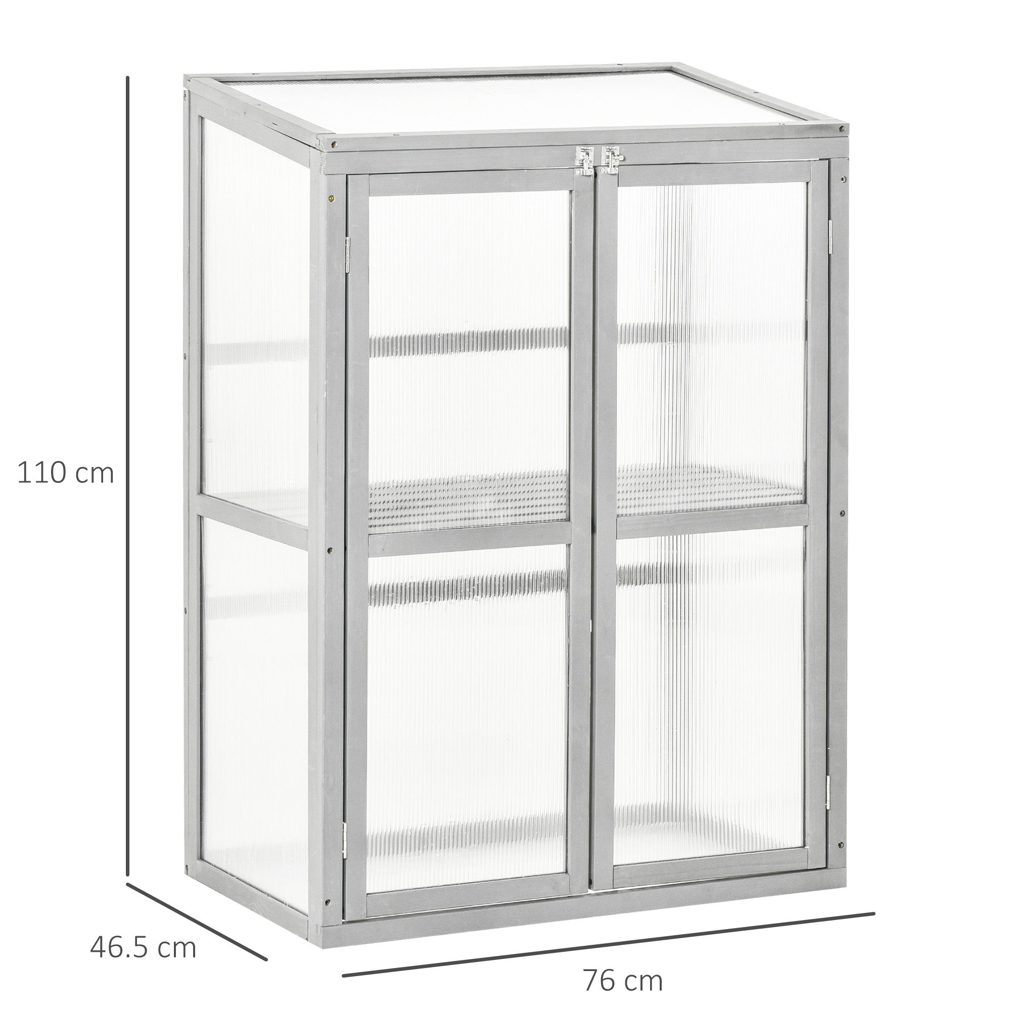 Outsunny Wooden Cold Frame Greenhouse Polycarbonate Garden Grow House for Flower Vegetable Plants with Adjustable Shelf, Double Doors, 76 x 47 x 110cm, Light Grey 