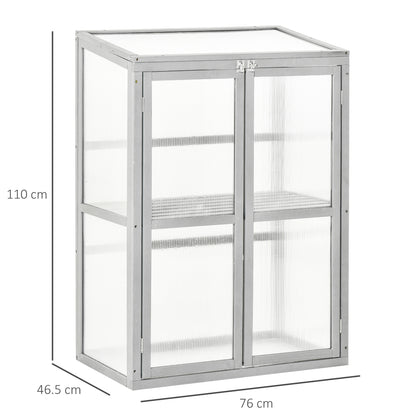 Outsunny Wooden Cold Frame Greenhouse Polycarbonate Garden Grow House for Flower Vegetable Plants with Adjustable Shelf, Double Doors, 76 x 47 x 110cm, Light Grey 