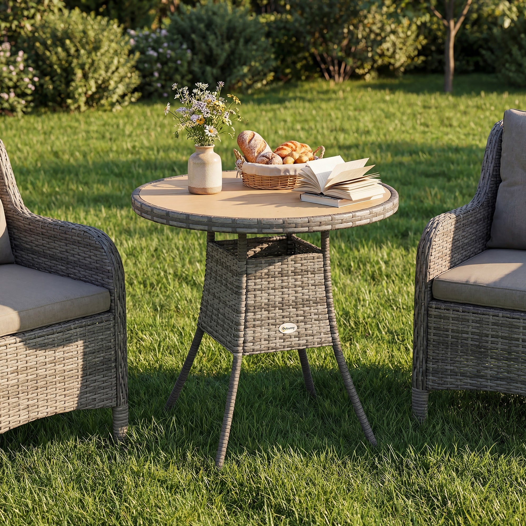 Outsunny 70 cm Wood-Effect Rattan Garden Table - Natural Wood Finish 