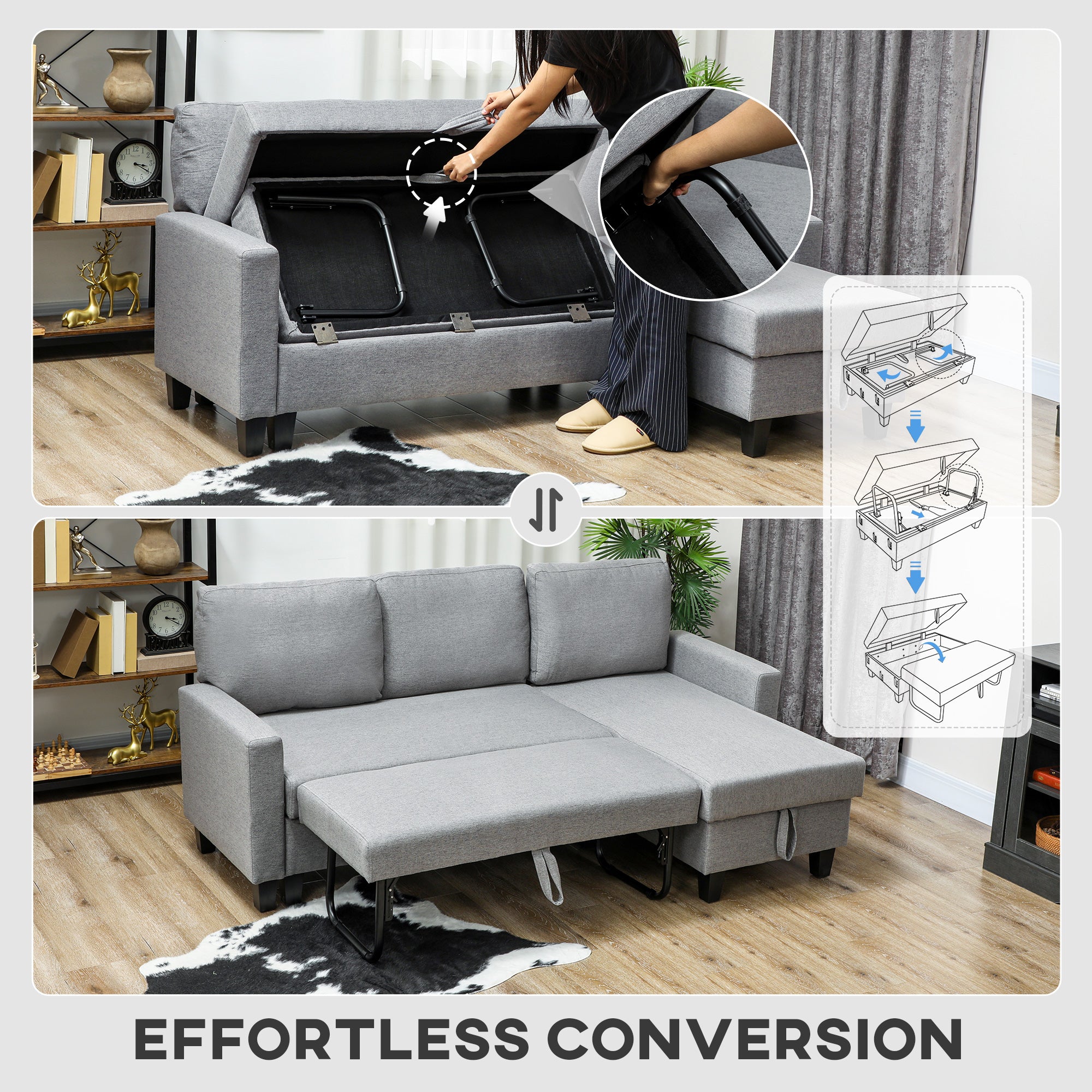 HOMCOM Three-Seater Storage Sofa Bed - Grey 