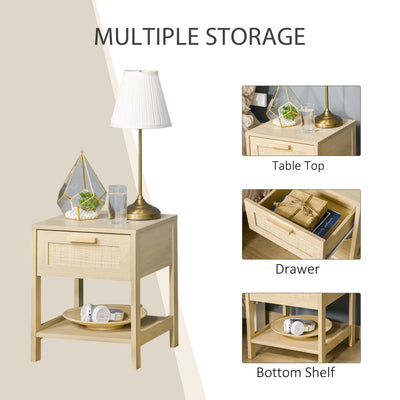 HOMCOM Nightstand with Rattan Drawer and Storage Shelf, Bedside End Table for Bedroom, Living Room 