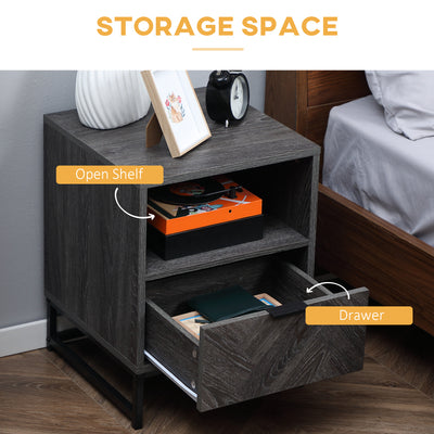 HOMCOM Bedside Table with Drawer and Shelf, Side End Table with Steel Legs for Living Room, Bedroom, Set of 2, Dark Grey 