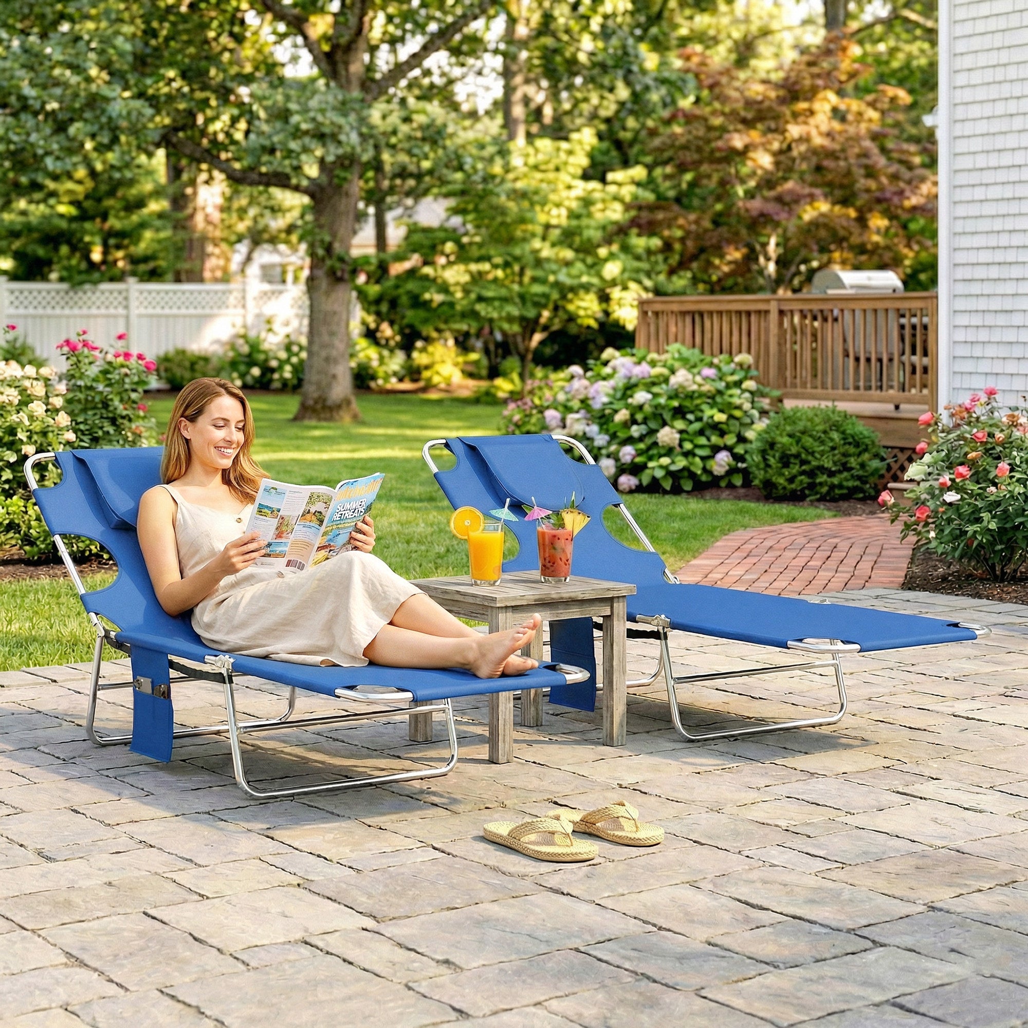 Outsunny 5-Position Adjustable Sun Loungers Set of 2 with Reading Hole and Side Pocket, Blue 