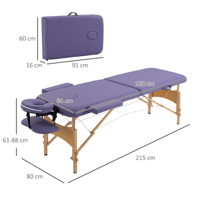 HOMCOM Portable Massage Bed, Folding Spa Beauty Massage Table with 2 Sections, Carry Bag and Wooden Frame, Purple 
