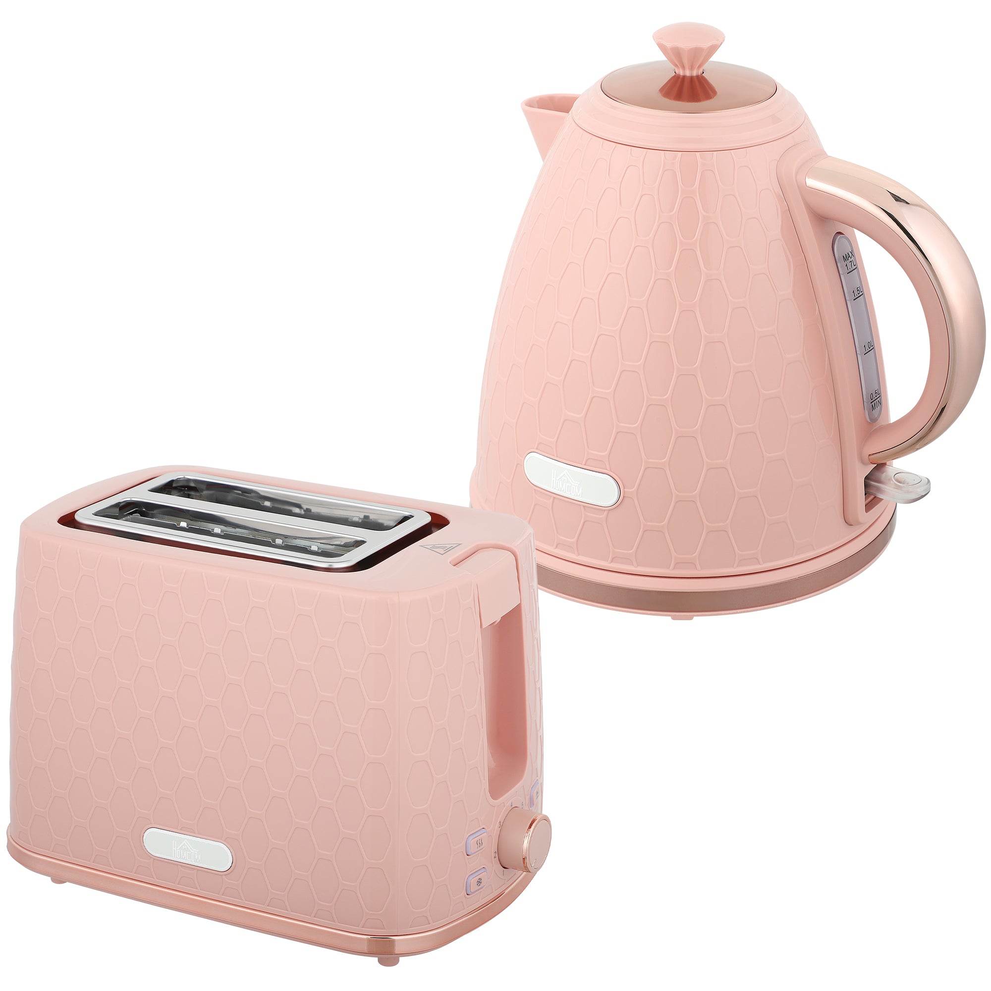 HOMCOM 1.7L 3000W Fast Boil Kettle & 2 Slice Toaster Set, Kettle and Toaster Set with Auto Shut Off, Browning Controls, Light Pink