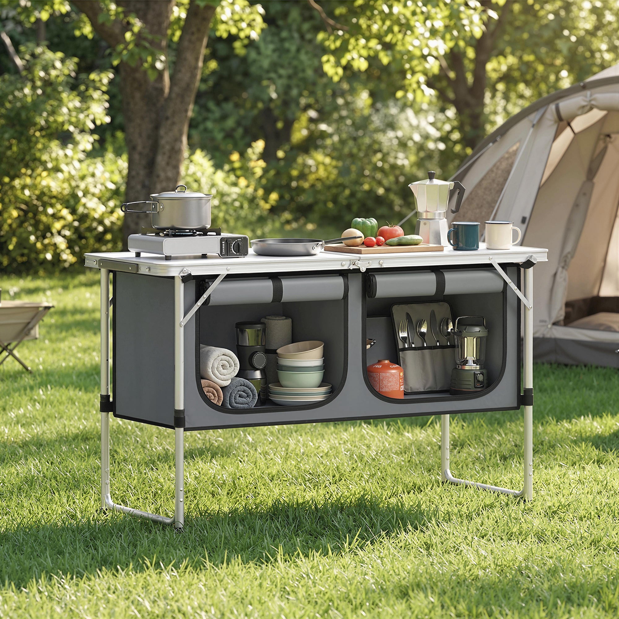 Outsunny Camping Cupboards Folding Portable Aluminium Camp Cook Station with Storage Cupboard for Outdoor BBQ 