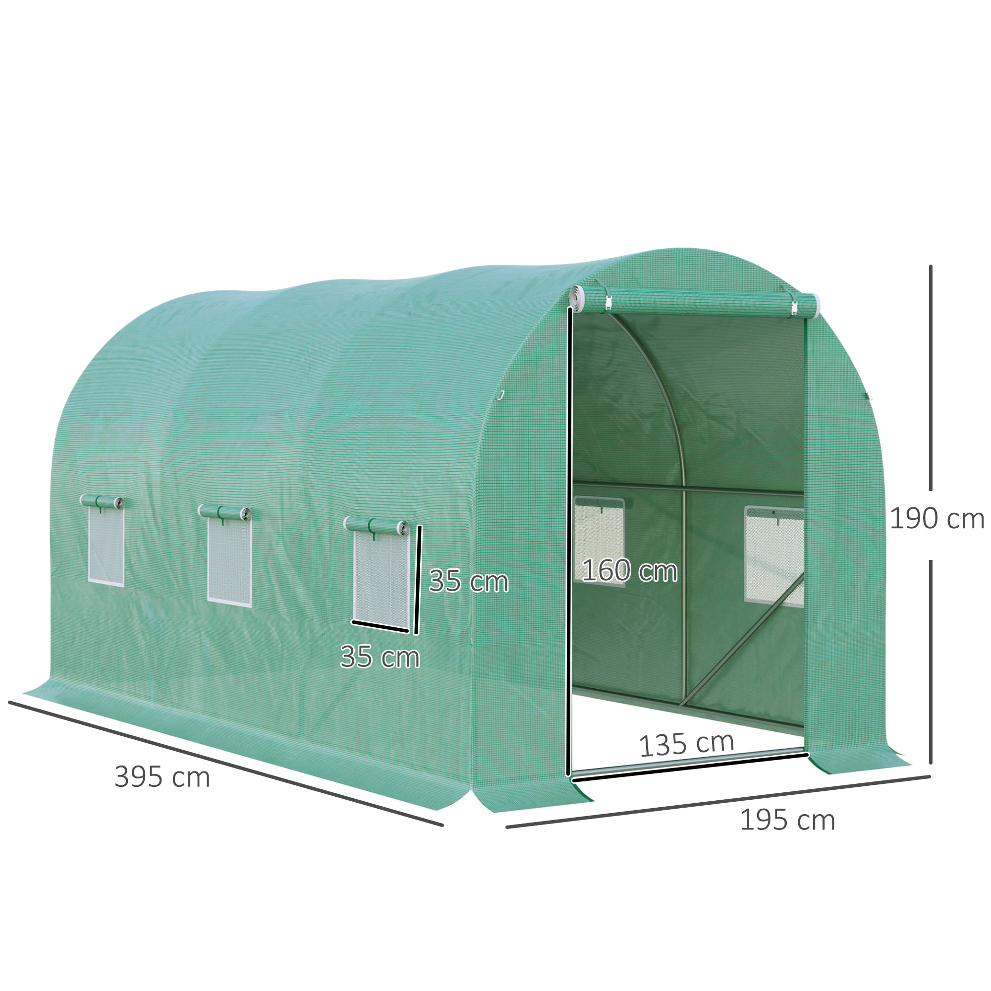 Outsunny 4 x 2 x 2 m Polytunnel Greenhouse with Roll-up Door and 6 Mesh Windows, Walk-in Garden Tunnel Warm House Tent with UV-resistant PE Cover and Galvanised Steel Frame, Green 