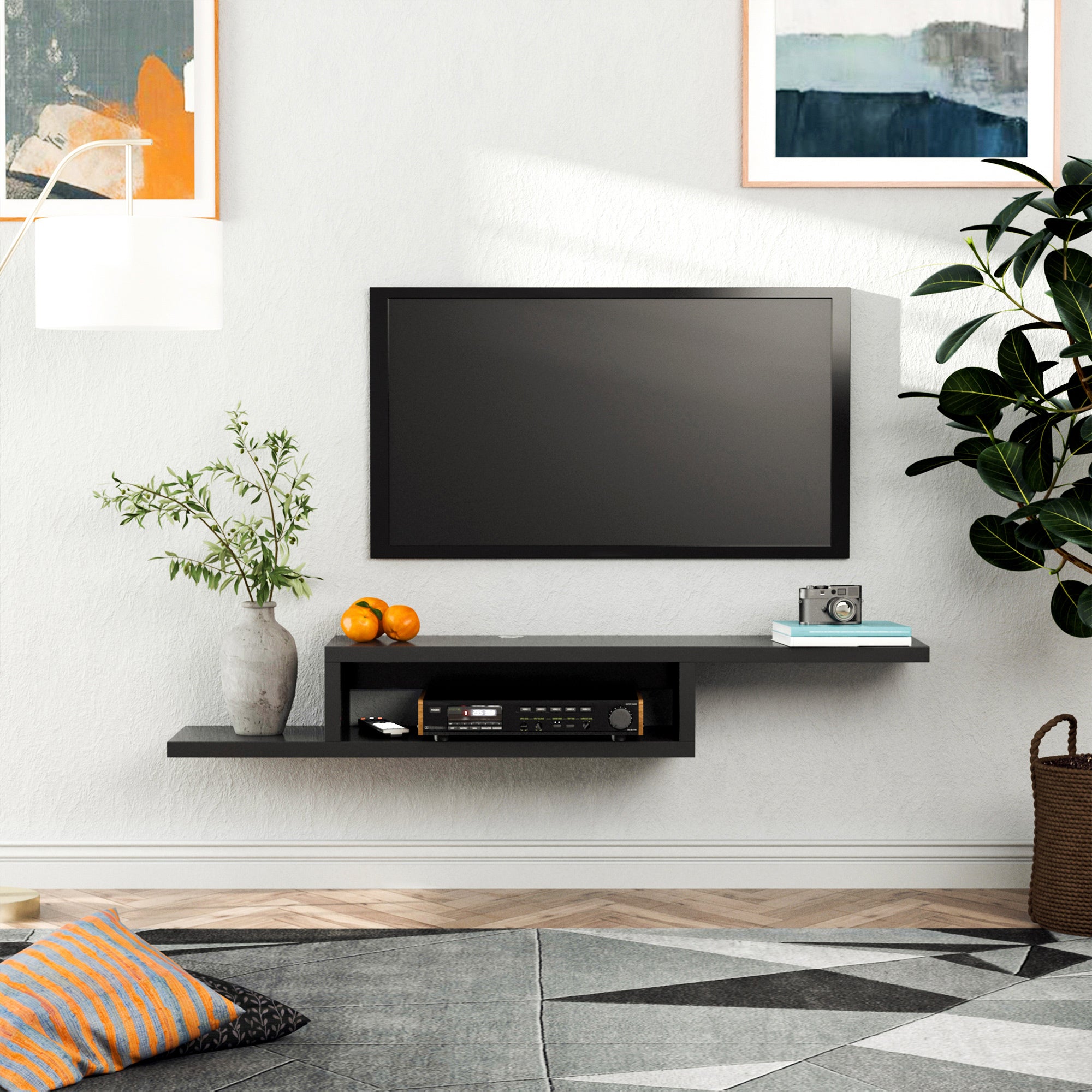 HOMCOM Floating TV Unit, Wall Mounted TV Stand with Open Shelf and 2 Cable Holes, Entertainment Unit for Living Room, Black 