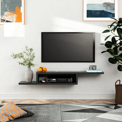 HOMCOM Floating TV Unit, Wall Mounted TV Stand with Open Shelf and 2 Cable Holes, Entertainment Unit for Living Room, Black 