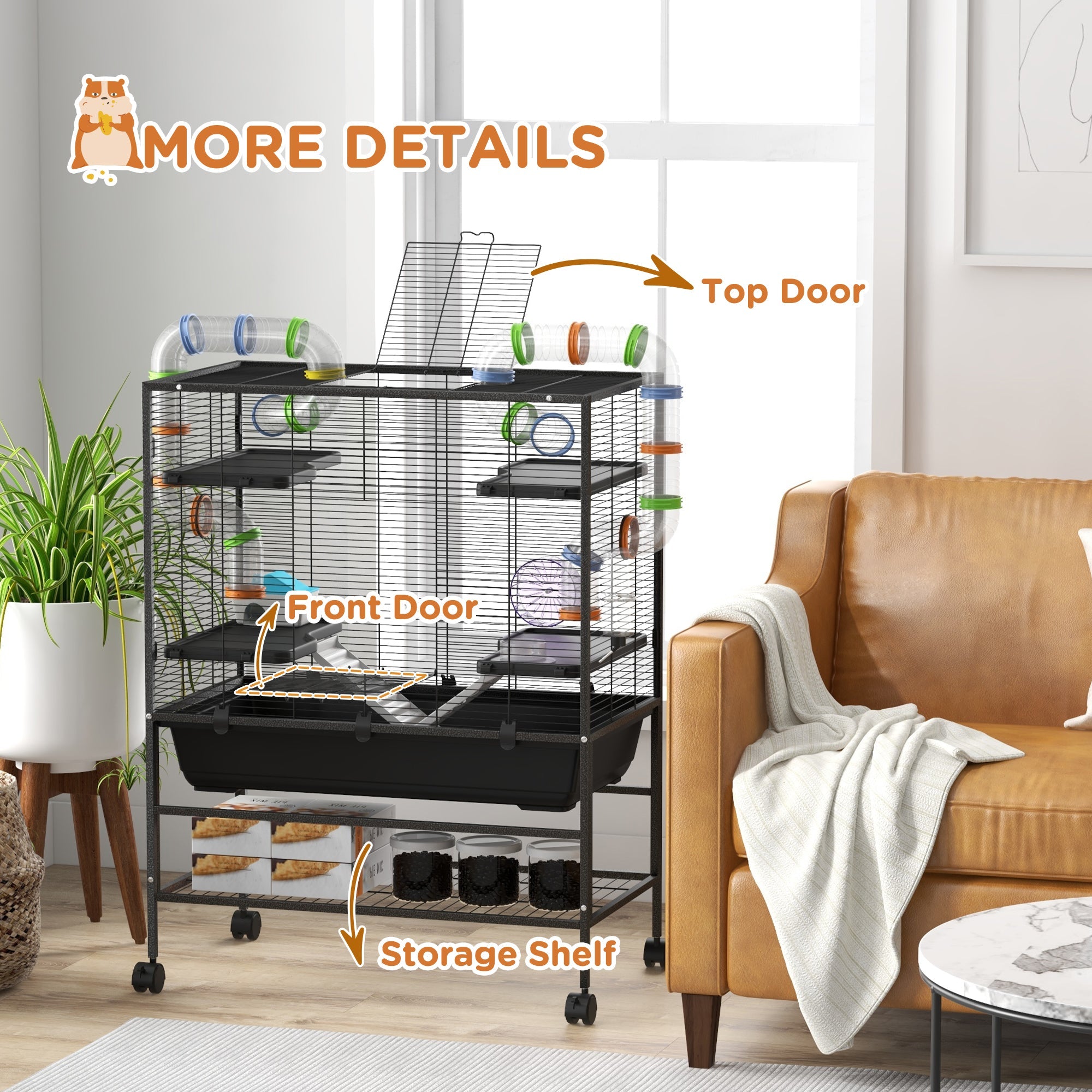 PawHut Large Hamster Cage, Gerbil Cage with Tubes, Storage Shelf, Ramps, Platforms, Running Wheel - Black 